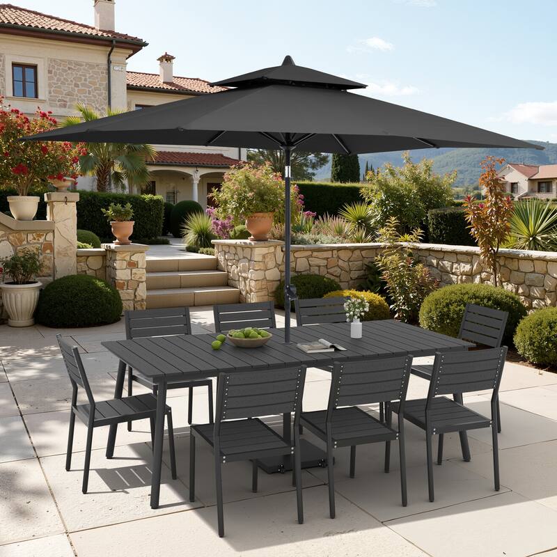 11-Piece Outdoor Dining Set Aluminum Table and 8 Stackable Chairs w/ 10 ft Umbrella and Base Stand