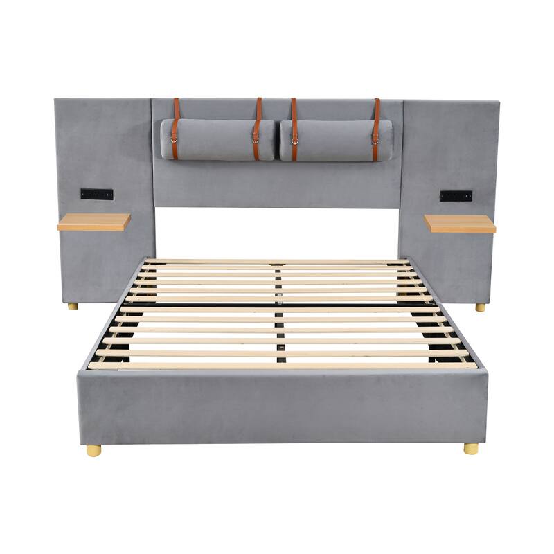 Upholstered Platform Bed with Two Outlets and USB Charging Ports