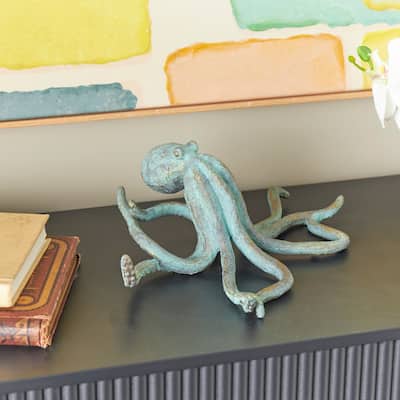 Blue Polystone Distressed Patina Octopus Decorative Sculpture with Gold Foil Accents