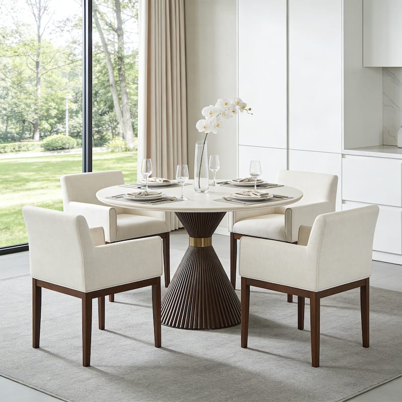 Christopher Knight Home - Elara Modern Upholstered Dining Arm Chair with Rubberwood Legs - Fabric Padded Seat - Set of 4 - Beige+Brown