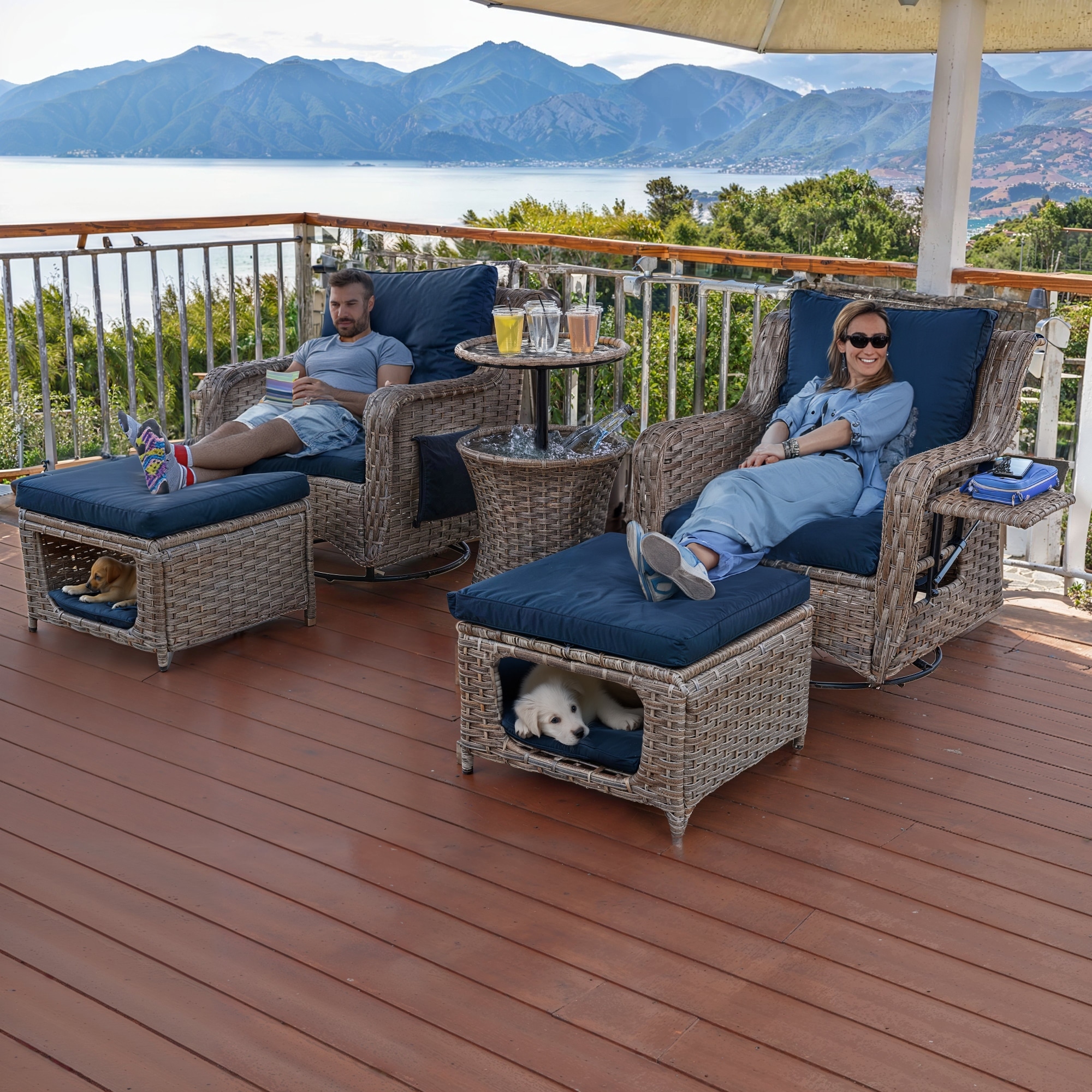 5 Piece Patio Swivel Chair Set Outdoor Rocking Chairs with Pet House Ottomans and Pop Up Cool Bar Table