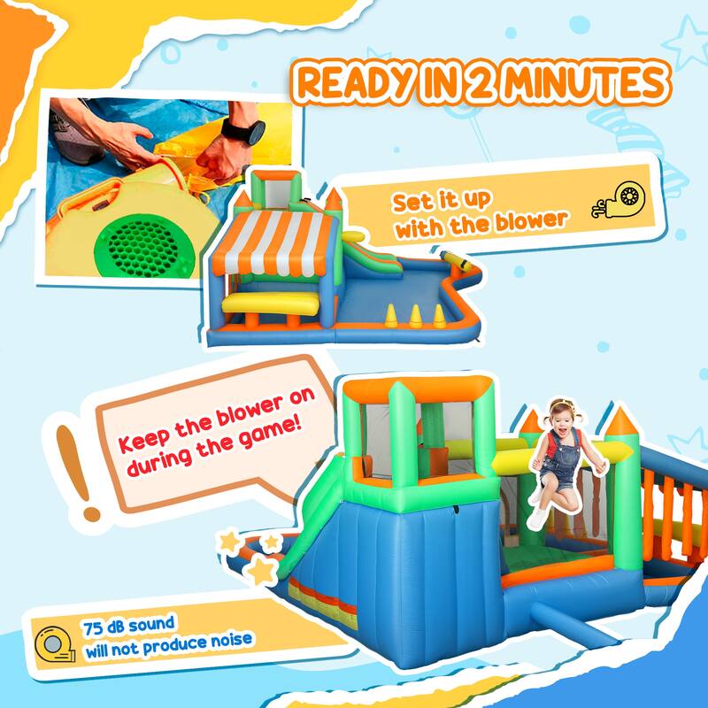 7-in-1 Inflatable Water Park with Slide, Splash Pool, Ball Pit, Trampoline, Climbing Wall & Basketball Hoop