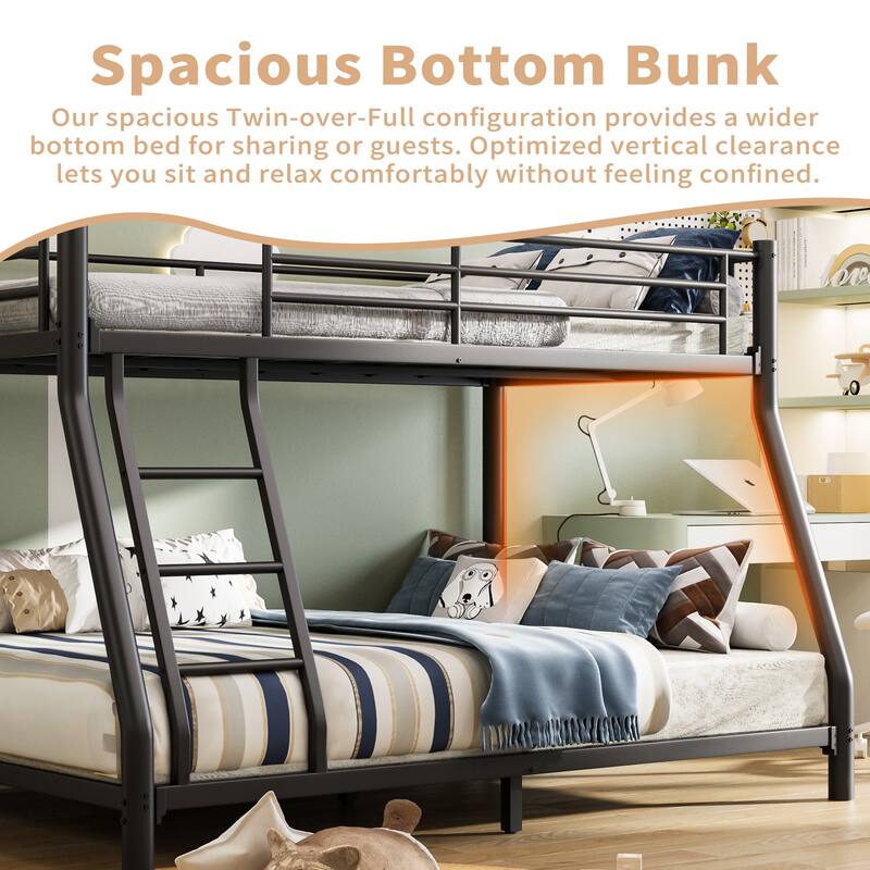 Twin Over Full Bunk Bed, Metal Bunk Bed Frame with Ladder, Safety Rail & Steel Slats, Space-Saving Bunk Beds
