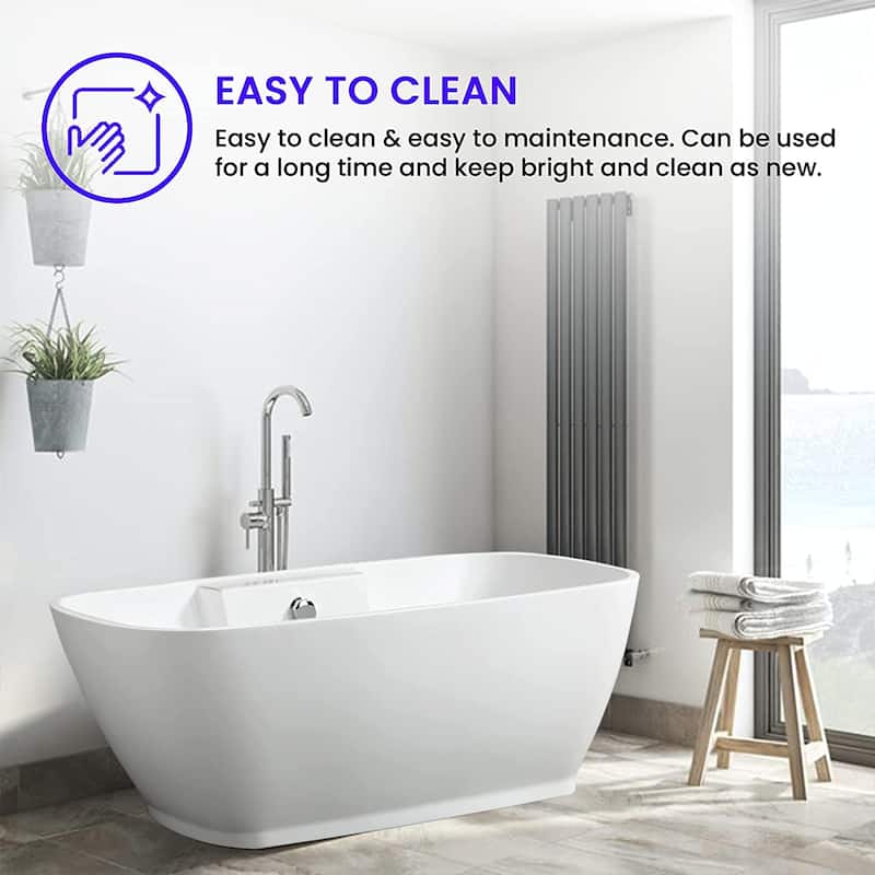 Vanity Art 67" Freestanding Acrylic Bathtub Modern Stand Alone Soaking Tub with Chrome Finish Round Overflow & Pop-up Drain