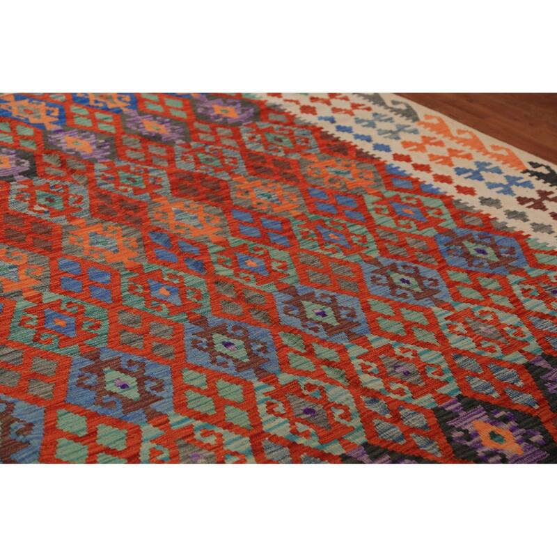Trellis Geometric Kilim Oriental Area Rug Flatweave Wool Carpet - 8'8" x 11'9"