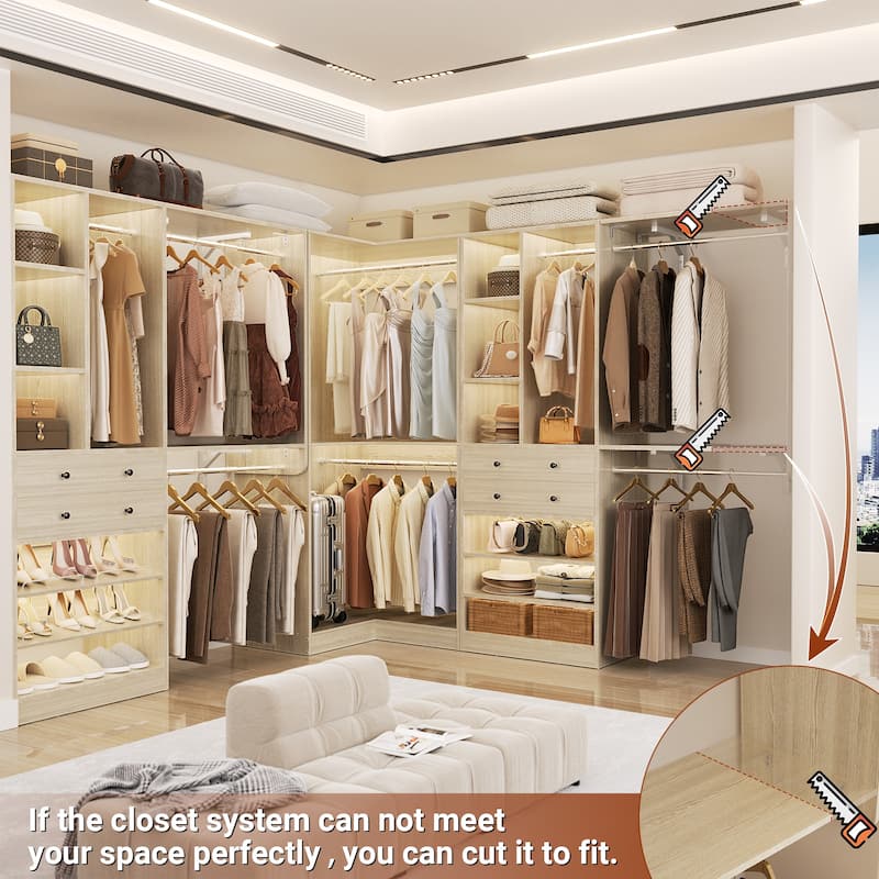 Rackcog Freestanding Corner Closet System Set, Closet Organizer with Hanging Rods and Drawers