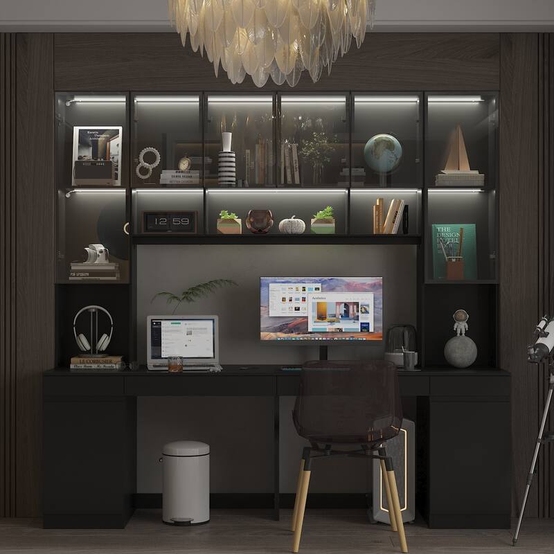 90.6"Illuminated Glass Workstation Productive Workspace Bookshelf Desk