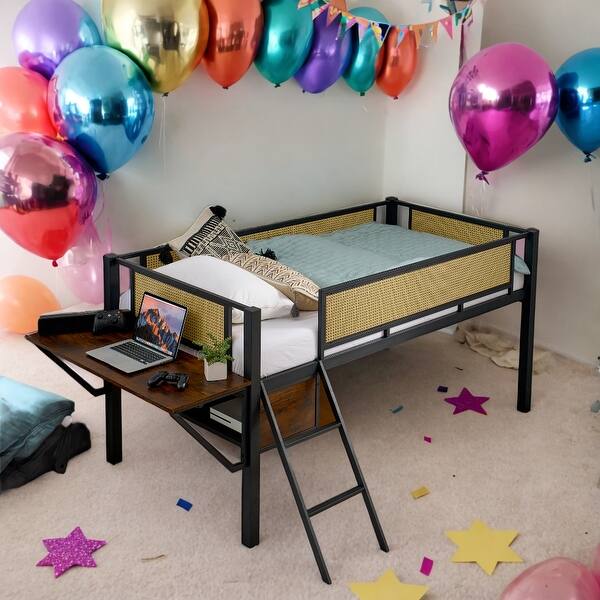 slide 2 of 30, Kids and Baby Twin Size Metal Loft Bed with Desk,LED Lights,Storage Shelves