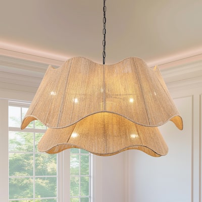 8-Light Matte Black 2-Tiered Hand Woven Natural Rattan Chandelier Modern Ceiling Light - 39.57 Wide