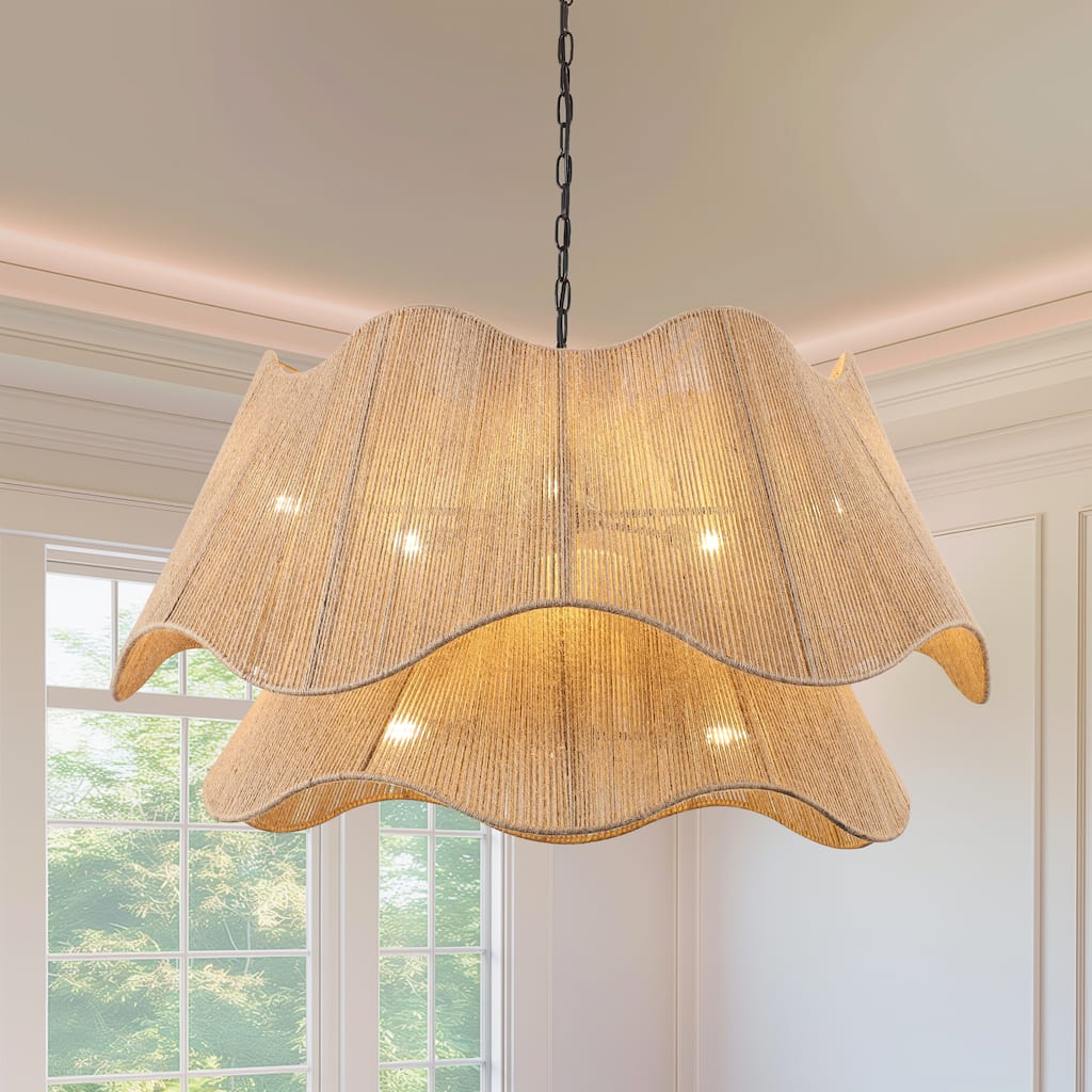 8-Light Matte Black 2-Tiered Hand Woven Natural Rattan Chandelier Modern Ceiling Light - 39.57 Wide