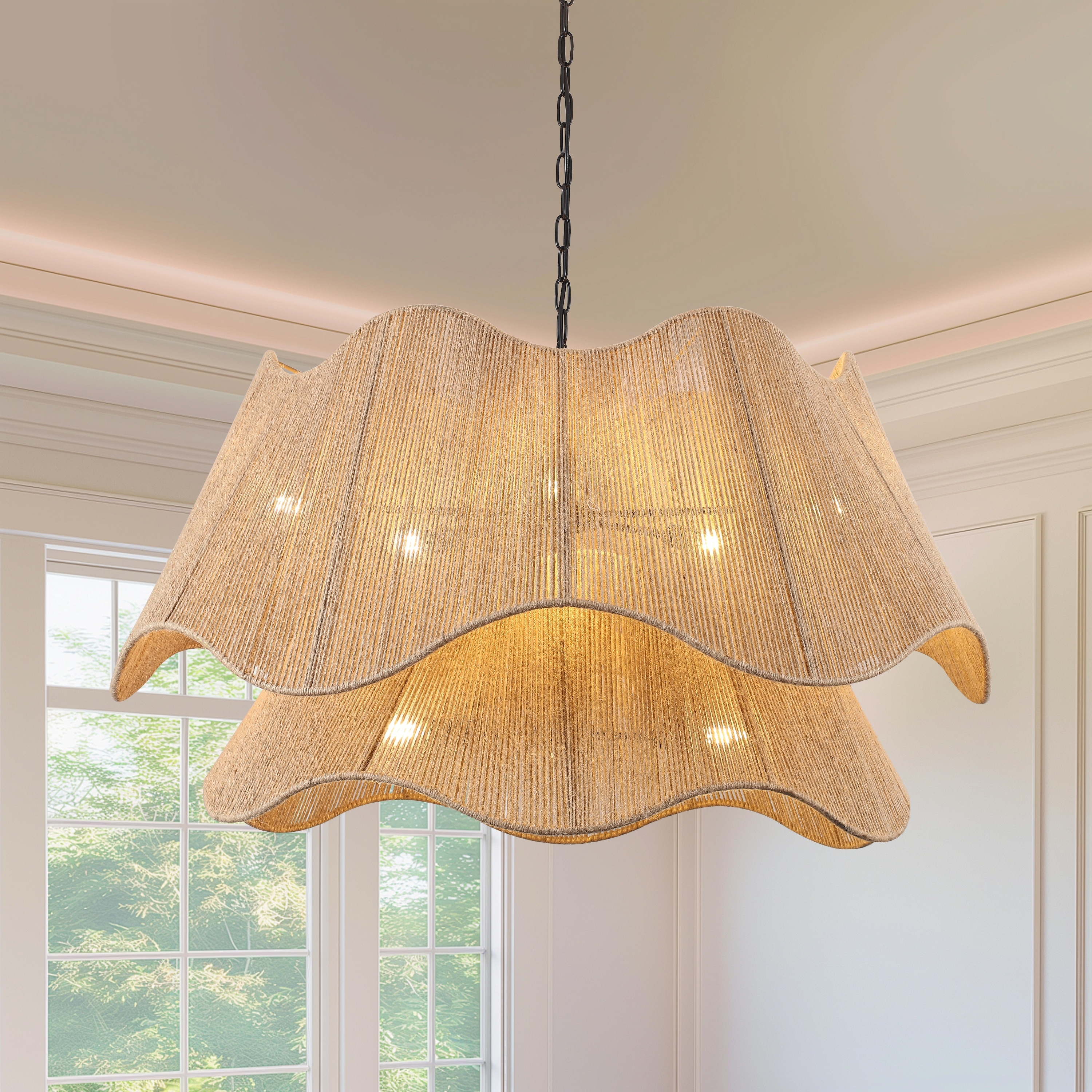 8-Light Matte Black 2-Tiered Hand Woven Natural Rattan Chandelier Modern Ceiling Light - 39.57 Wide
