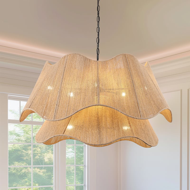 8-Light Matte Black 2-Tiered Hand Woven Natural Rattan Chandelier Modern Ceiling Light - 39.57 Wide - Brown