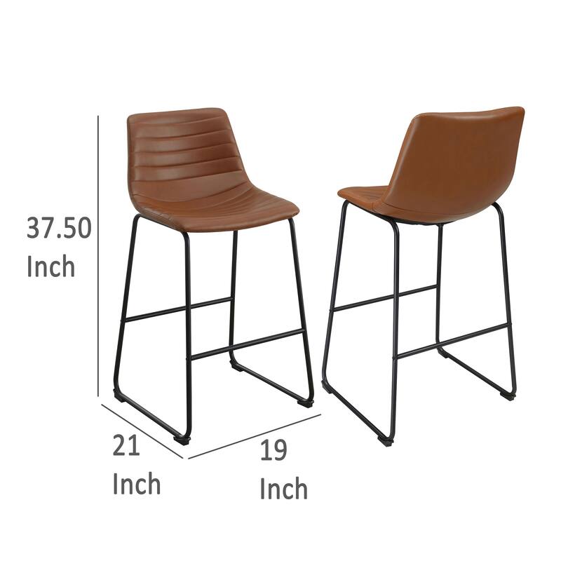 Zuno Counter Height Chair Set of 2, Brown Faux Leather, Black 26 Inch