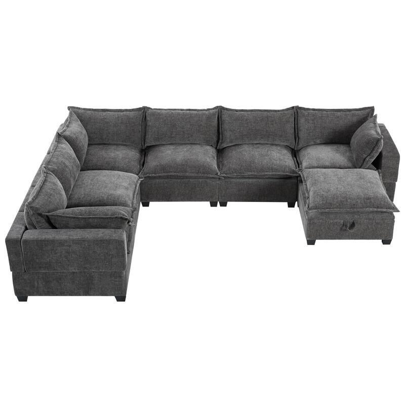 Roomfitters 117.5" Modular U-Shaped Sectional Sofa with Storage Ottoman, 7 Seat Wide Chenille Couch, Living Room Sofa