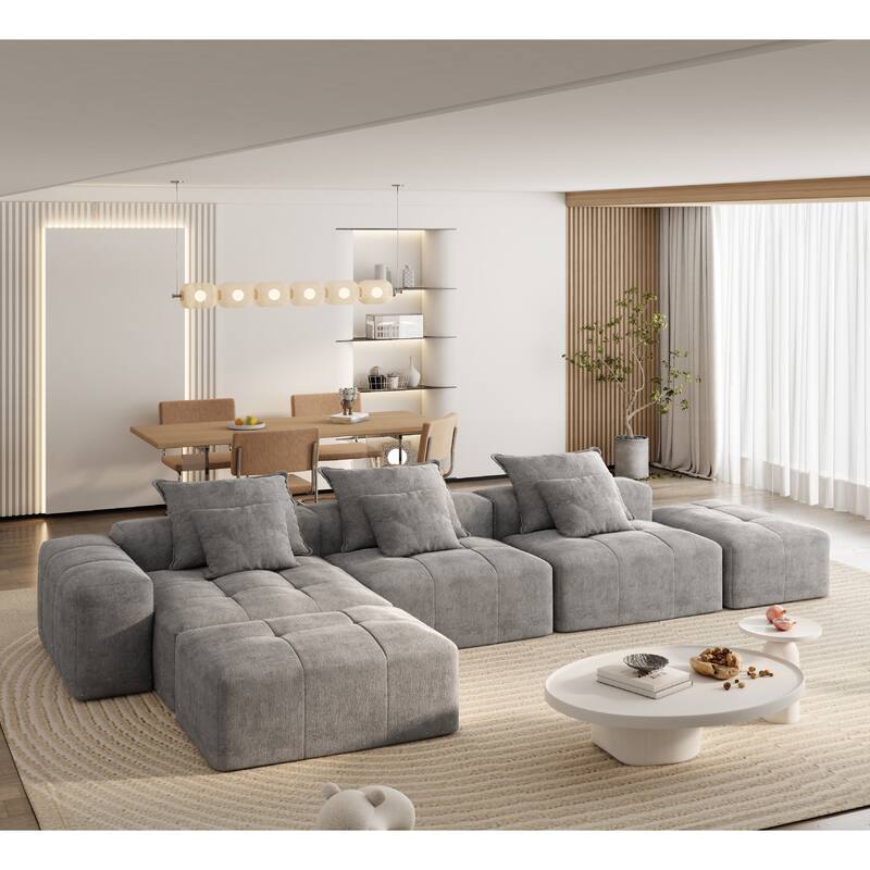 Modern Oversized Modular Chenille Sectional Sofa with Cushions and 6 Pillows for Living Room - Grey