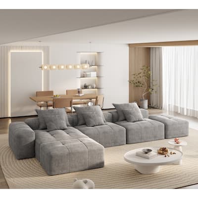 Modern Oversized Modular Sectional Sofa, Chenille Fabric Floor Couch with 6 Pillows, 5-Seater Upholstered Tufted Sofa