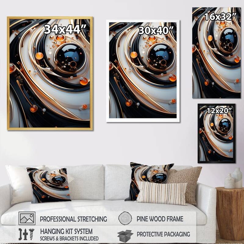 Designart "Liquid Art Gold Black And White Spheres I" Abstract Shapes Framed Wall Art Prints