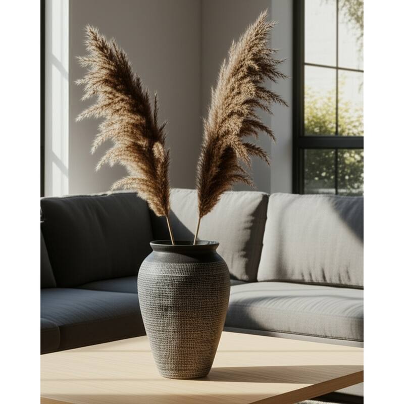 Ceramic Vase Textured Wide-Opening for Modern Decor - 16" Black