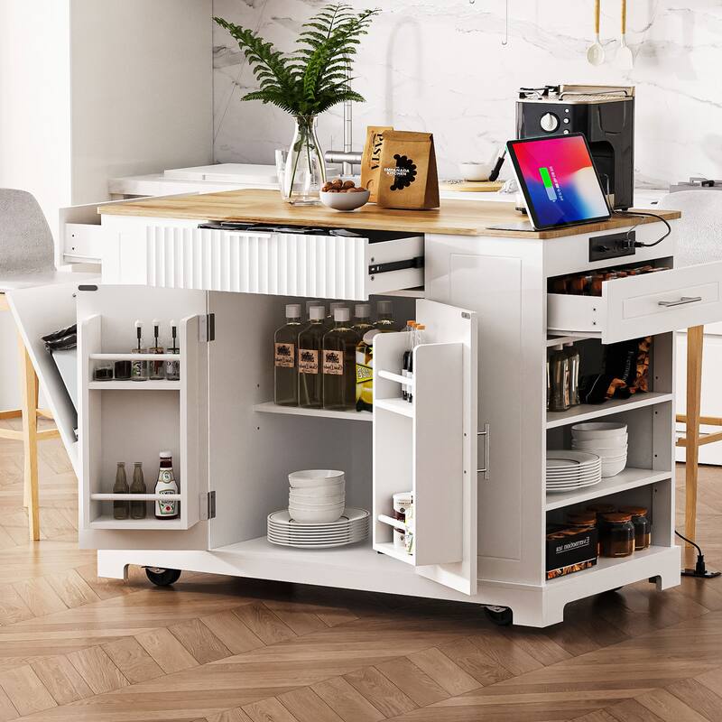Mobile Kitchen Island with Trash Can Storage, Power Outlet, 3 Drawers, Open Shelves, 5 Wheels, Fluted Design - White