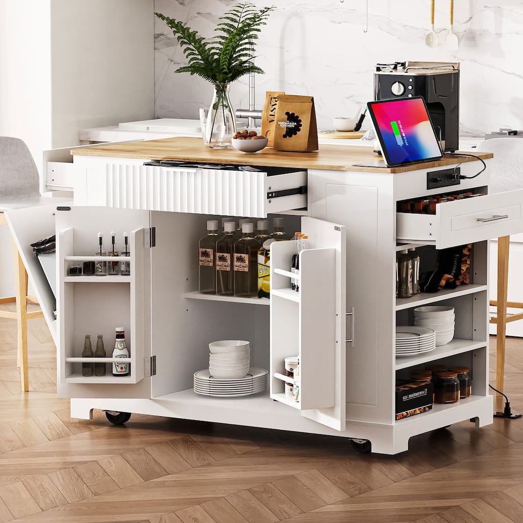 Mobile Kitchen Island with Trash Can Storage, Power Outlet, 3 Drawers, Open Shelves, 5 Wheels, Fluted Design