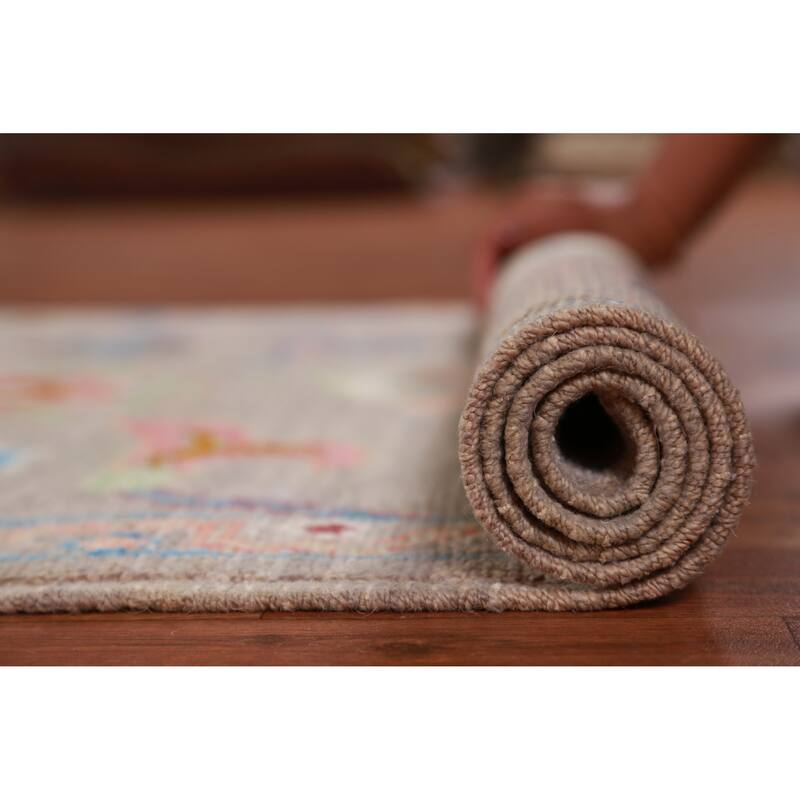 Hand Knotted Oriental 100% Wool Carpet Transitional Floral Greys & Charcoal Oushak Runner Rug - 9' 11'' X 2' 9''