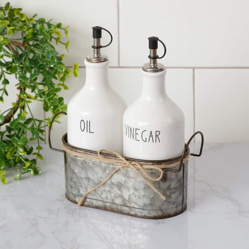 White Ceramic Oil And Vinegar Cruet Set With Galvanized Metal Holder - 8.75 X 7 X 3 inches