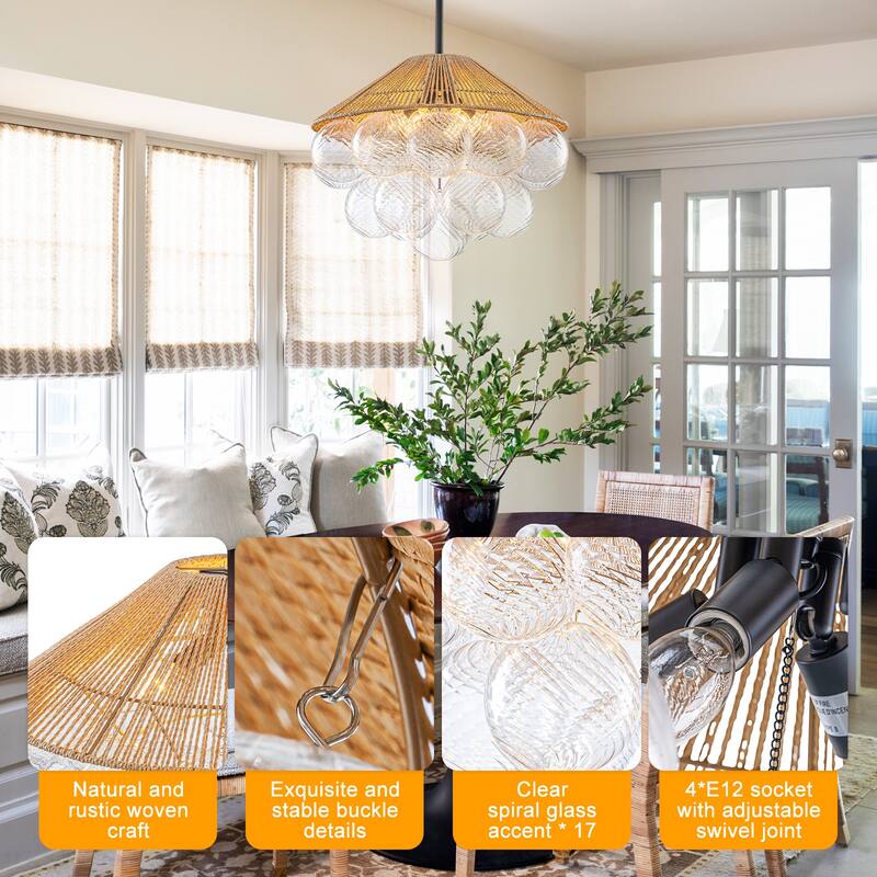 20.5" 4-Light Farmhouse Rope Chandelier Cone Shades Clear Glass Balls - Dia.20.5-in