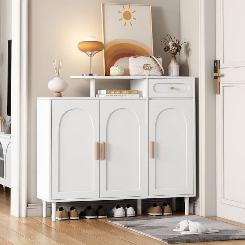 Elegant Shoe Cabinet with Arched Doors and Drawer, Cream Style Storage Sideboard with Adjustable Shelves and Solid Wood Legs - White