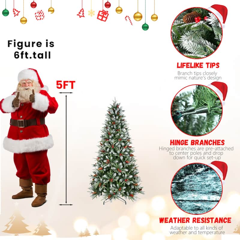 Artificial Christmas Tree - Snow-Dusted PE+PVC Branches, Red Berries, Pine Cones, Hinged Design, Metal Stand - Green,White
