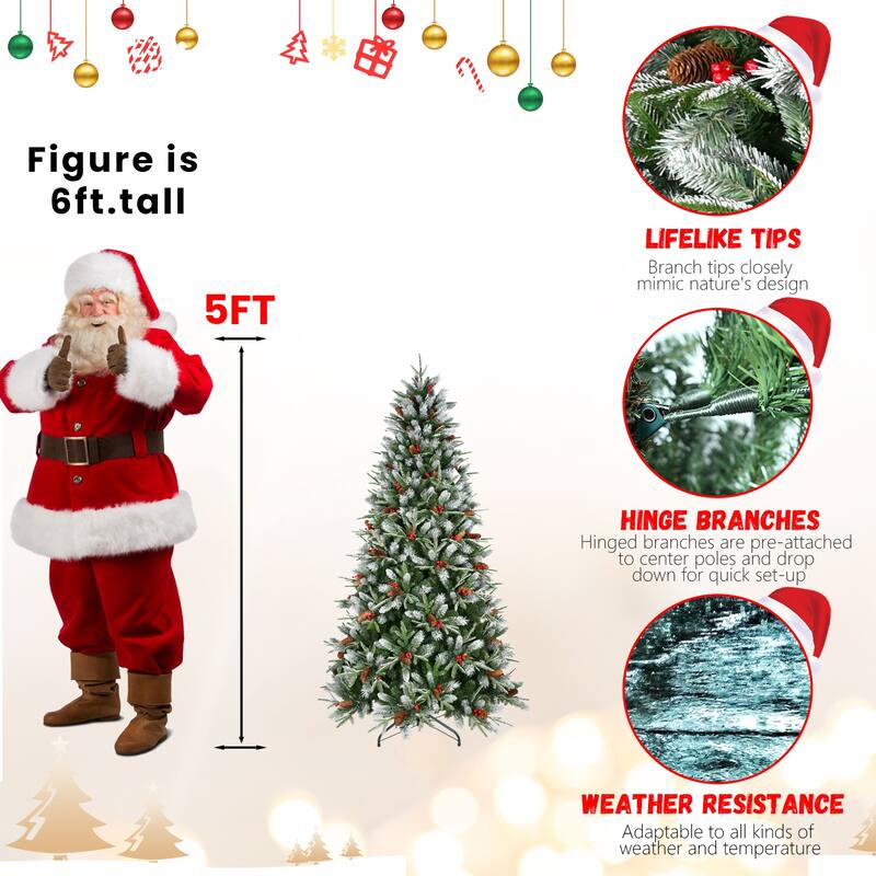 Artificial Christmas Tree - Snow-Dusted PE/PVC Branches, Red Berries, Pine Cones, Metal Stand - Green,White