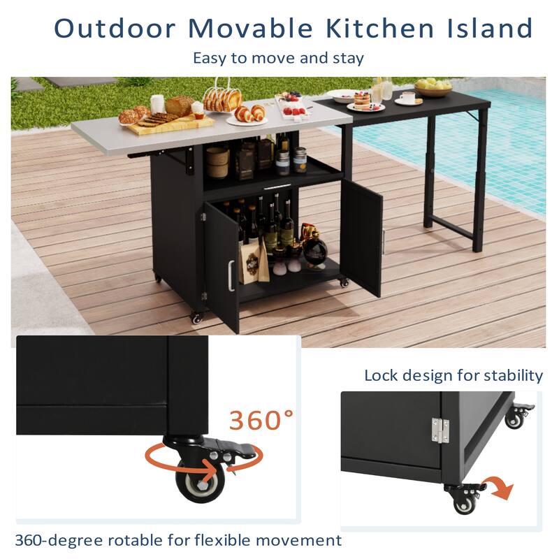 Outdoor Kitchen Island with Expandable Tabletop and Lockable Wheels