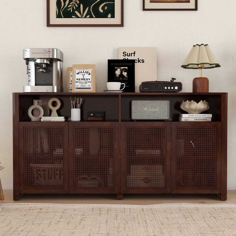 Mid Century Modern 63" Wide 4 - Cane Rattan Door Storage Sideboard with Open Shelf, Wine Bar Credenza for Living Room Entryway