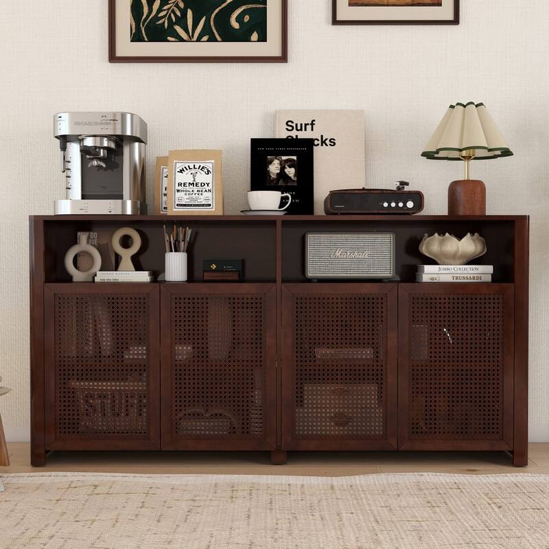Mid Century Modern 63" Wide 4 - Cane Rattan Door Storage Sideboard with Open Shelf, Wine Bar Credenza for Living Room Entryway - Walnut