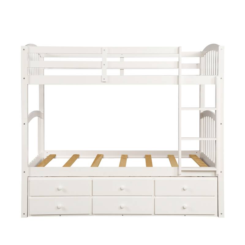 Twin Over Twin Bunk Bed with Trundle and Drawers, White, for Teens and Guest Rooms