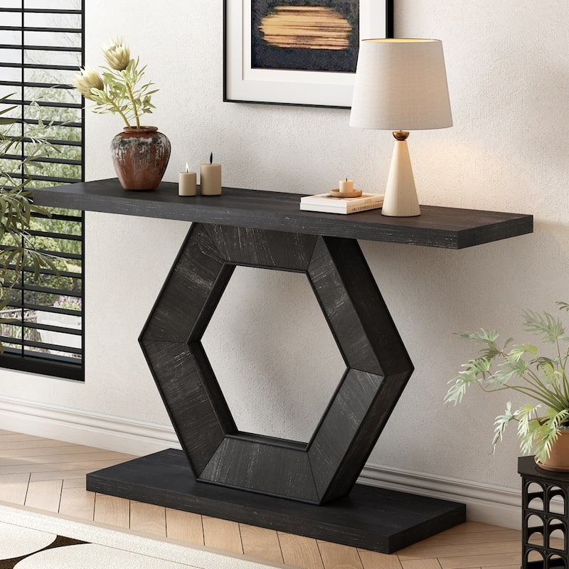 Modern Entryway Table with Innovative Hollow Hexagon Leg - Black