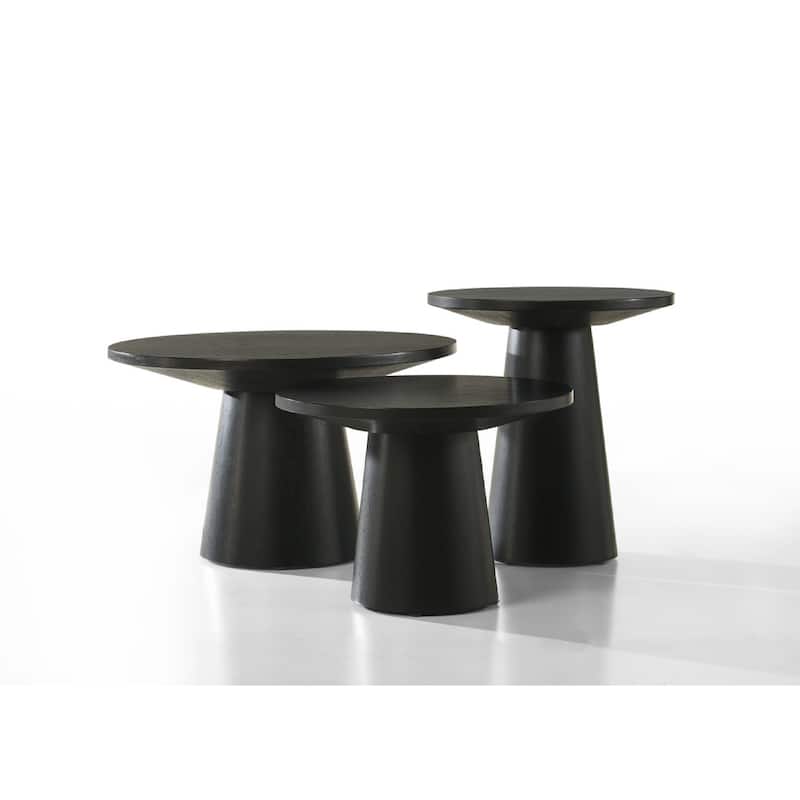 Bili 3pc Round Coffee, End and Console Table Set, Ebony Black Wood