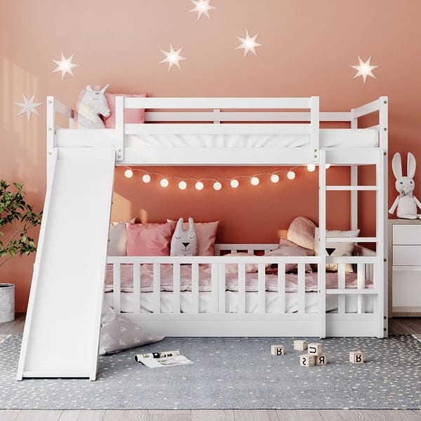 slide 2 of 11, White Twin Over Twin Bunk Bed with Slide and Ladder Twin - White