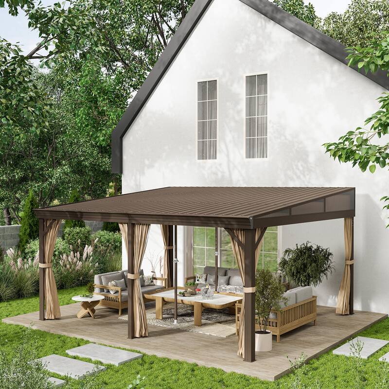 12x16 ft Rectangle Gazebo Sloping Galvanized Steel Roof Hardtop Gazebo with Curtains and Netting