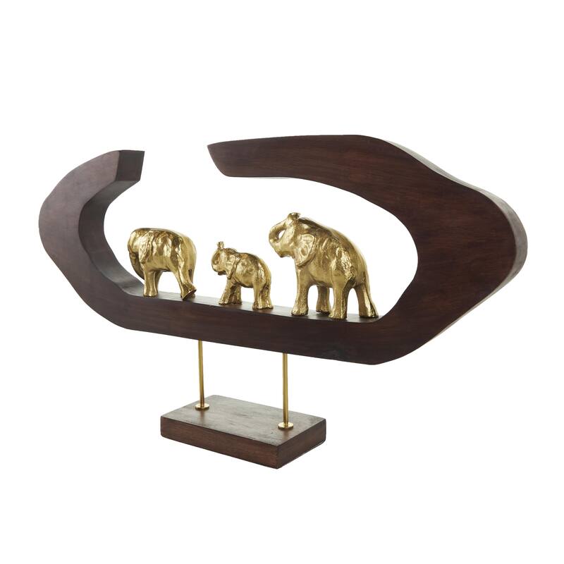 Aluminum Metal Elephant Decorative Sculpture with Brown Wooden Frame - Gold - Roche River Decor