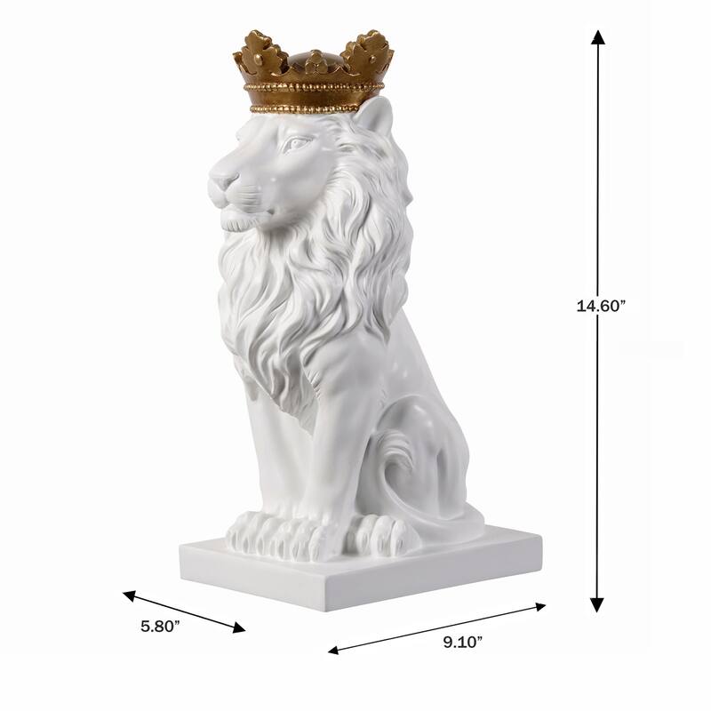 Regal Lion with Crown Statue - 14.5" - White and Gold