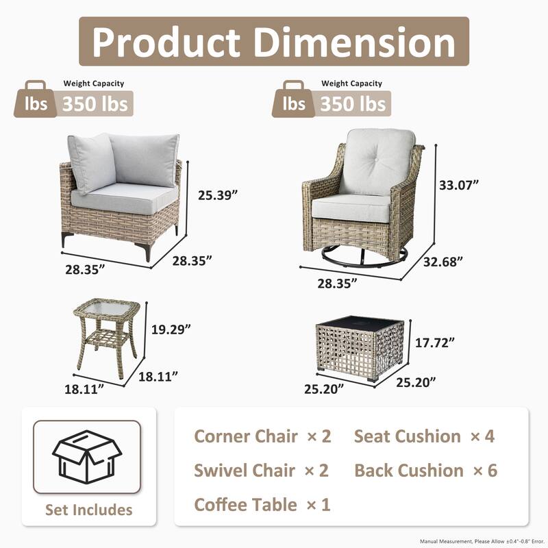 OVIOS 6 Pieces Outdoor Wicker Swivel Chair Set With Solar-Powered Coffee Table