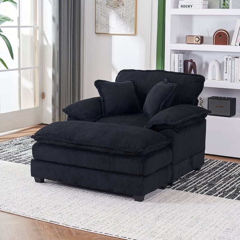 56.3 Inch Corduroy Single Deep Seat Sofa Chair With 2 Toss Pillows and a Ottoman - Black
