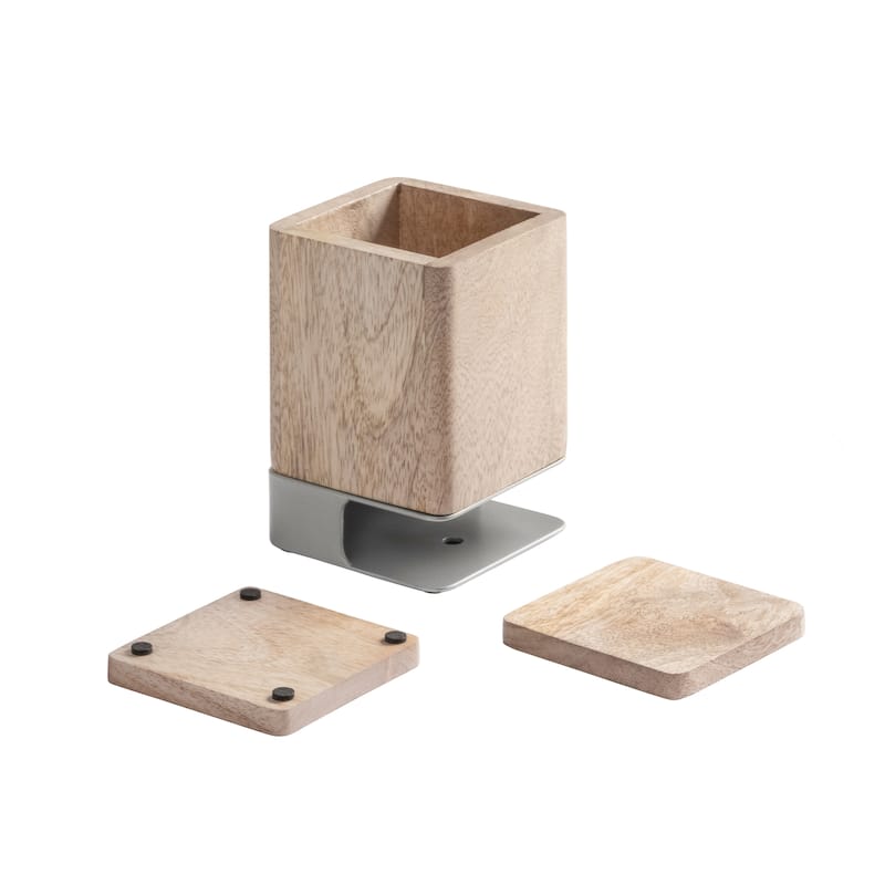Jani Wooden Pen Cup Holder with 2 Coasters - Stained Mango Wood & Powder-Coated Metal Organizer for Home, Office & Living Spaces