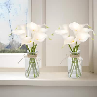 2PCS Calla Lily Artificial Flowers in Glass Vase with Faux Water - 2 pcs