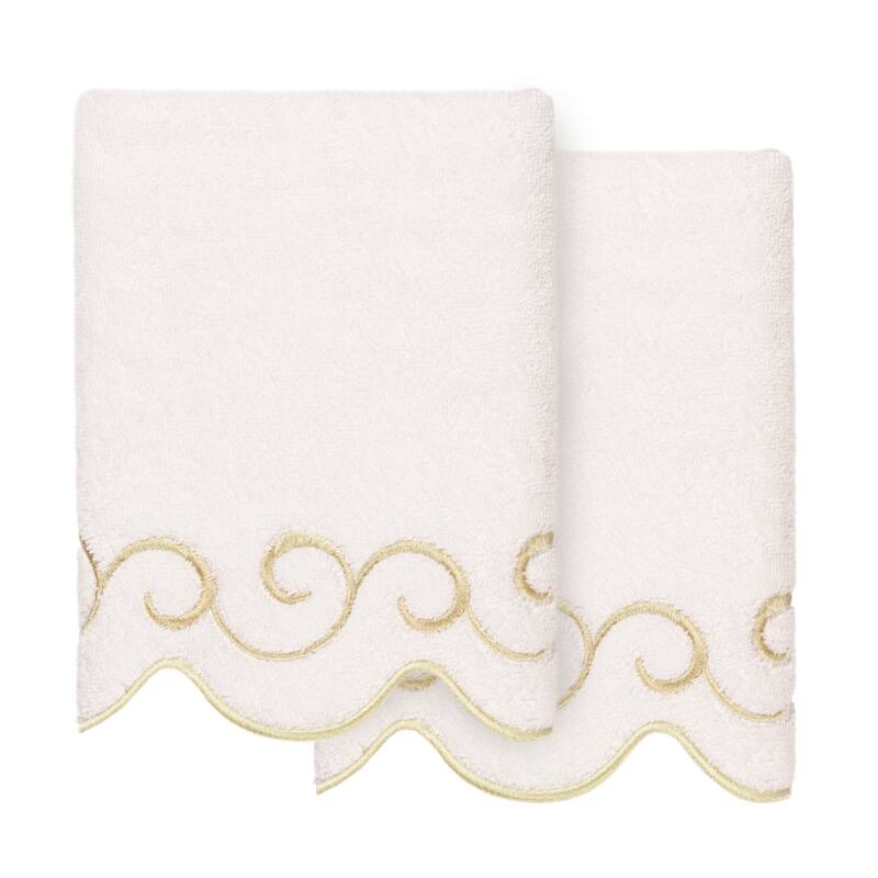 Authentic Hotel and Spa 100% Turkish Cotton SIMPLICITY Scallop Embellished Towel Collection - White/Beige - 2 Hand Towels