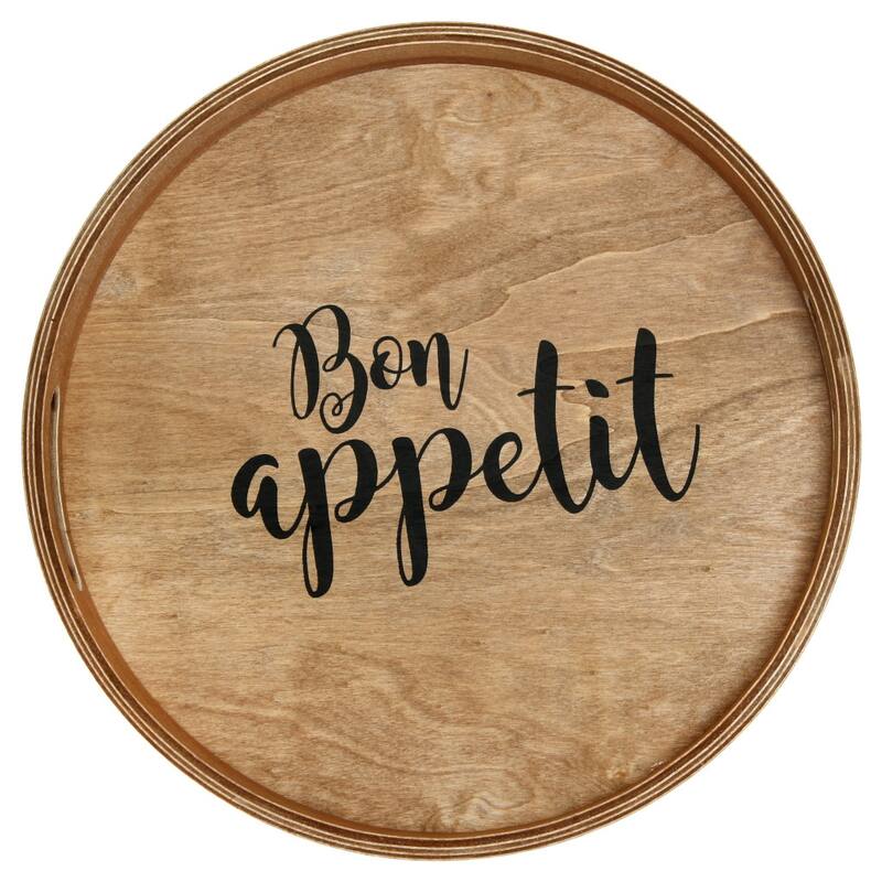 HomeRoots 14" Natural And Black Bon Appetit Round Serving Tray With Handles - 13.75 in. x 1.65 in. x 13.75 in.