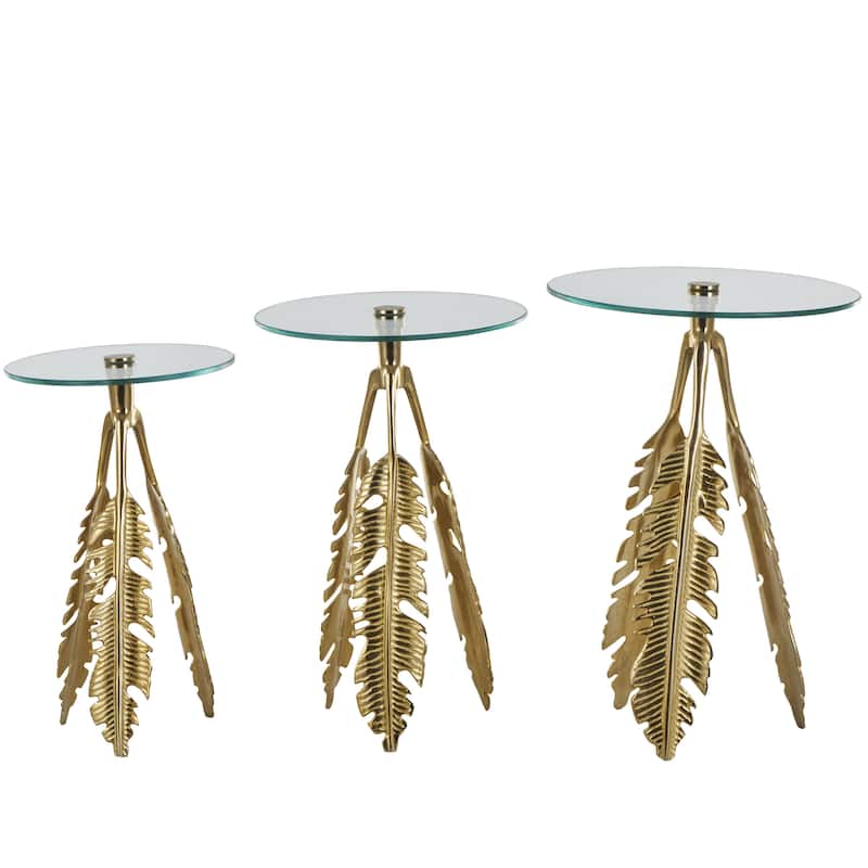 Aluminum Metal Leaf Accent Table with Tripod Legs and Tempered Glass Top - Set of 3 Silver or Gold - Roche River Decor - Gold