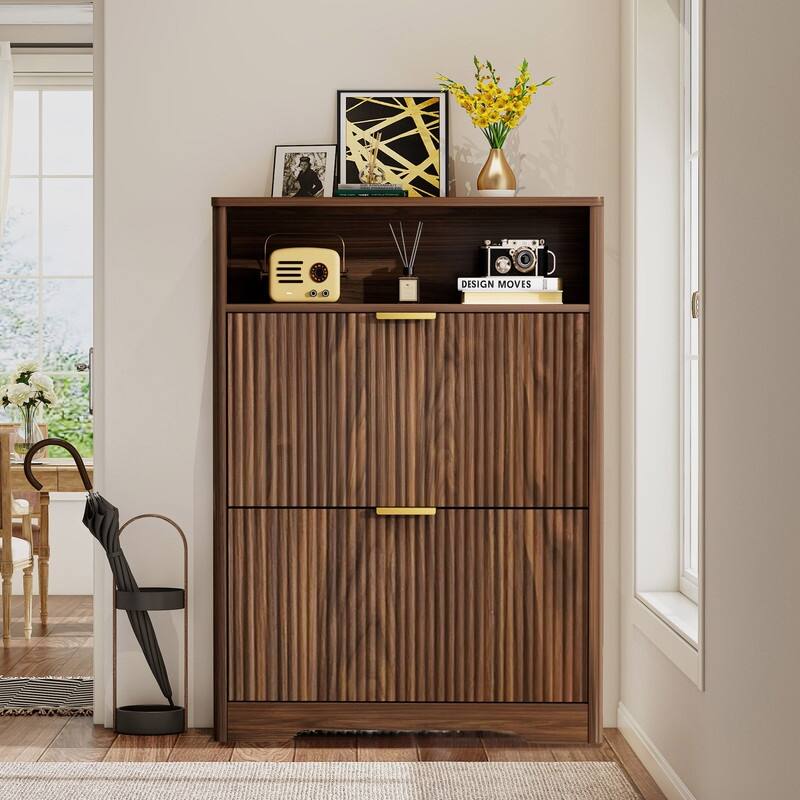 40" Tall Shoe Cabinet Storage for Entryway, Free Standing Organizer with Two Hidden Flip Drawers - Walnut