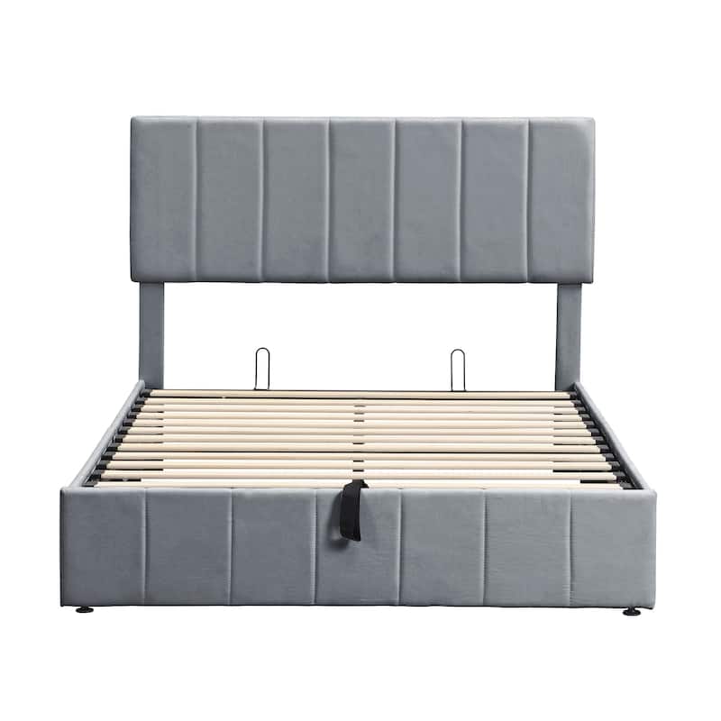 Linen Upholstered Bed Low Profile Platform Bed Storage Bedframe with Hydraulic Storage System, Headboard and Slats Support