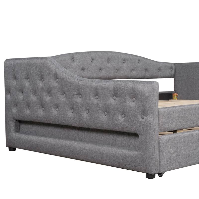 Full XL Upholstered Daybed with LED Lighting and Trundle, Gray